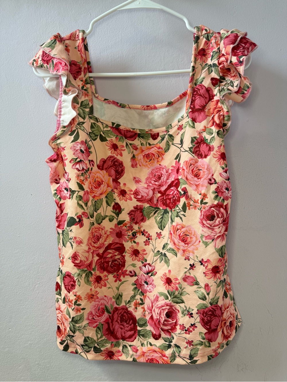 “SHEIN Floral Ruffle Tank Top XL Square Neck Sleeveless Pink Green Summer” - Picture 2 of 5